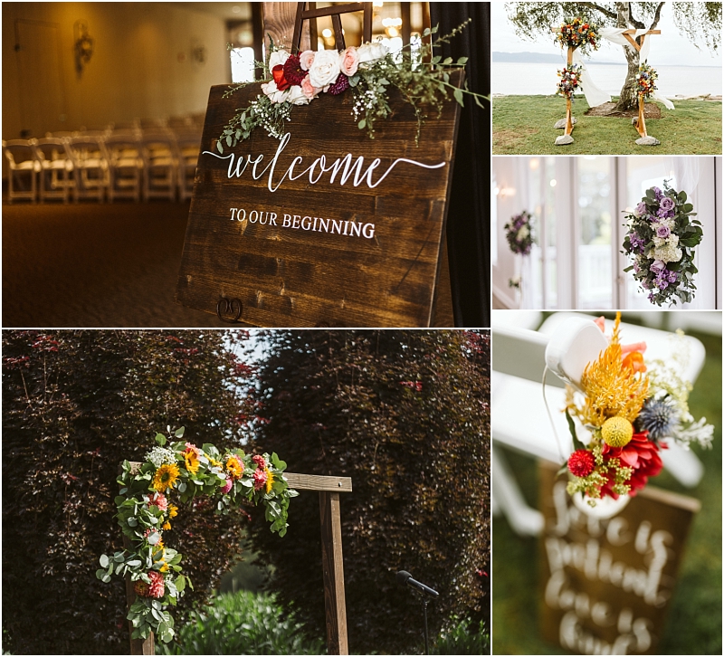 A collage of wedding décor in snohomish a wooden welcome to our beginning sign with flowers floral arches in various outdoor and indoor settings and close ups of colorful flower arrangements Snohomish wedding photography