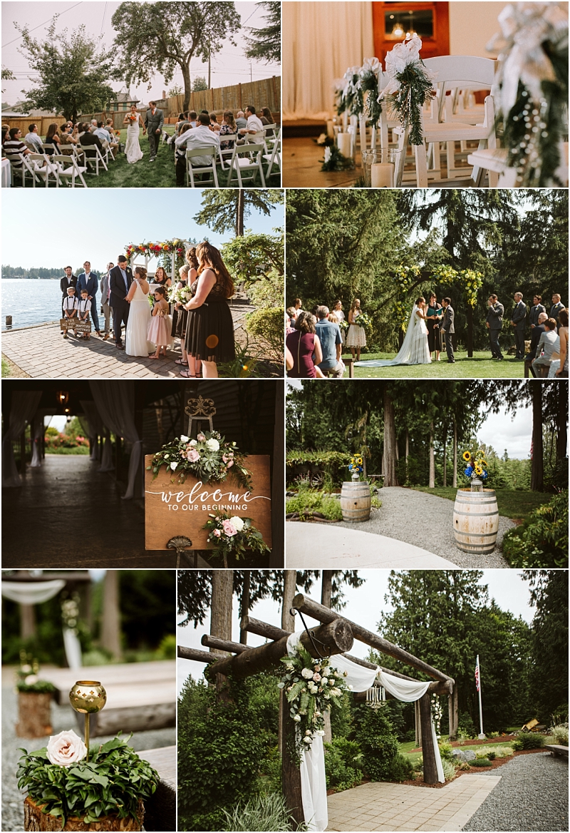 A collage of snohomish outdoor wedding scenes including ceremonies by the water and in a garden decorated aisles floral arrangements rustic barrels and welcome signs with greenery and draped fabric Snohomish wedding photography