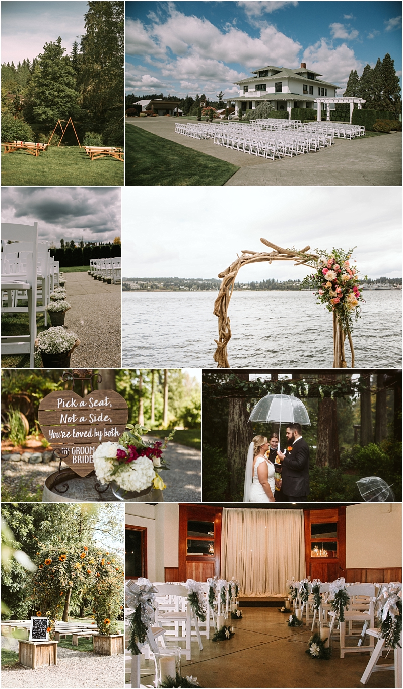 A collage of snohomish wedding scenes including outdoor and indoor ceremonies white chairs floral decorations a wooden arch by water a couple under an umbrella and a rustic sign that reads pick a seat not a side  Snohomish wedding photography