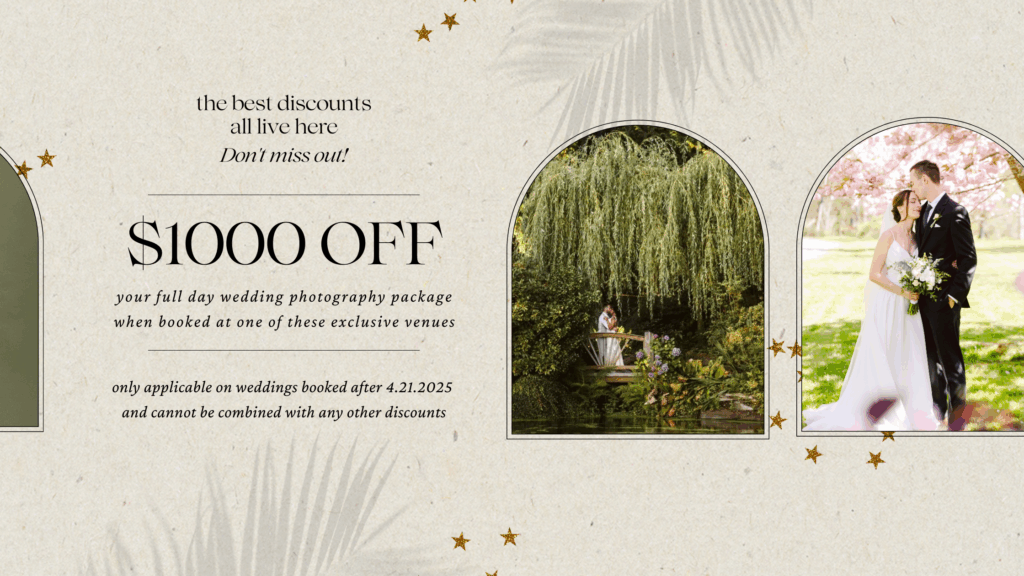 Snohomish Wedding Photographer GSquared Weddings A wedding photography promo offering 00 off fullday packages and an exclusive wedding venue discount with images of a bride and groom by a pond and under pink blossoms Text notes terms amid soft foliage and star designs in the background Serving Seattle Snohomish and Orlando Snohomish Wedding Photographer GSquared Weddings A wedding photography promo offering 00 off full day packages and an exclusive wedding venue discount with images of a bride and groom by a pond and under pink blossoms Text notes terms amid soft foliage and star designs in the background Serving Seattle Snohomish and Orlando