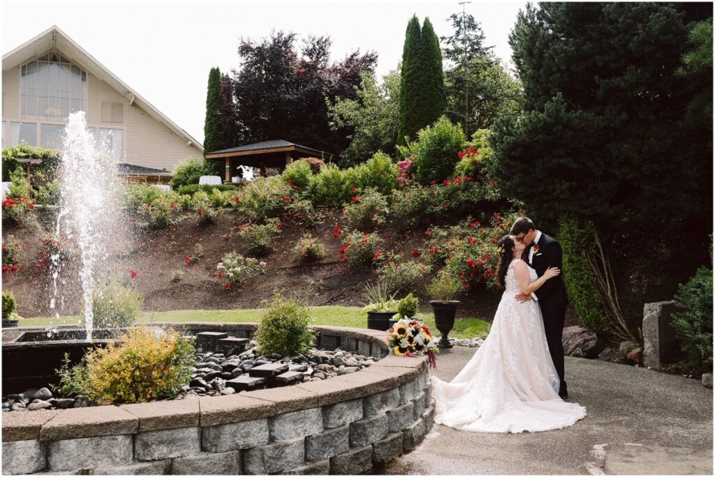 Lord hill farm wedding in snohomish with the water fountain and gardens