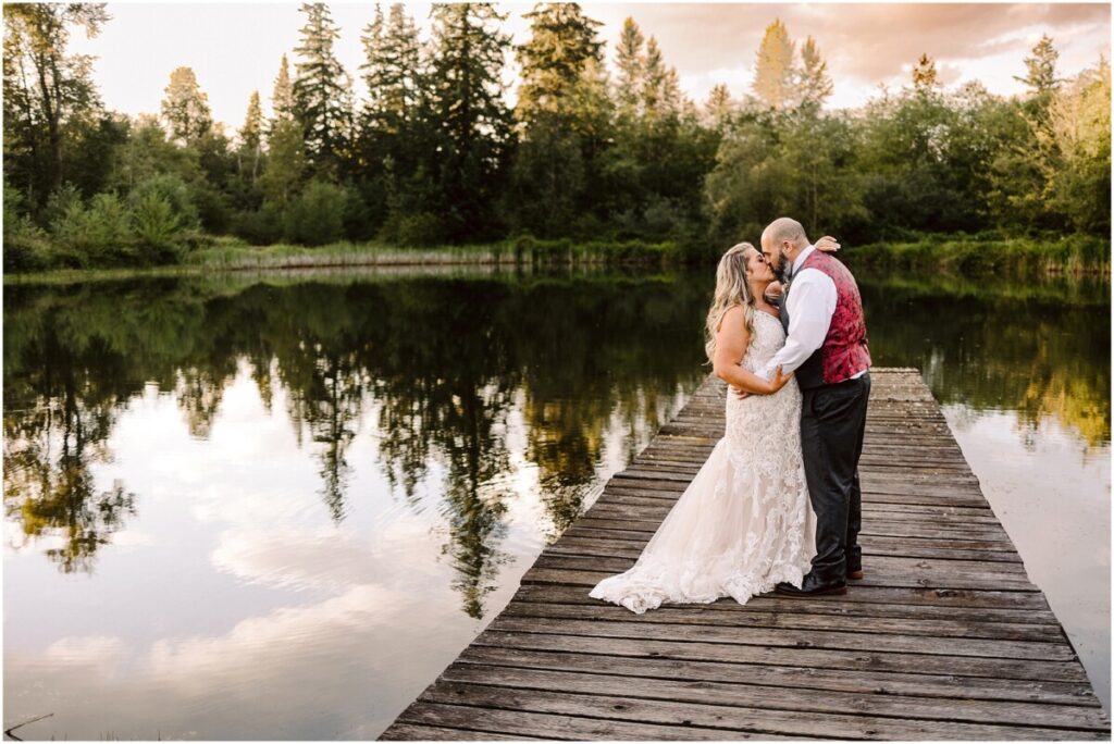 Sadie lake wedding couple on the dock by the pond
