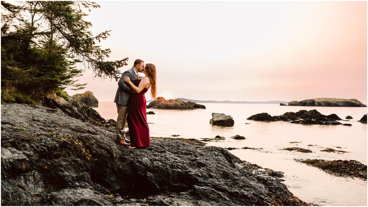 Rosario Beach engagement session in the wildfire sunset