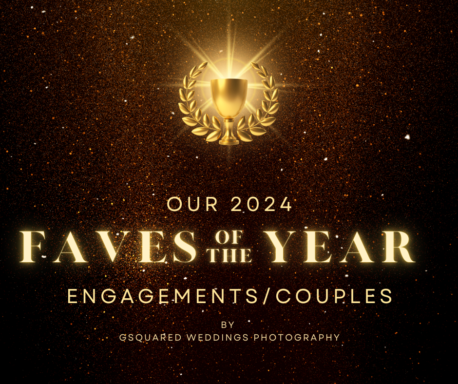 Snohomish Wedding Photographer GSquared Weddings A golden trophy entwined with laurel leaves shines on a sparkling backdrop, bearing the text: Our 2024 Engagement Faves of the Year: Couples by GSquared Weddings Photography. Serving Seattle, Snohomish and Orlando