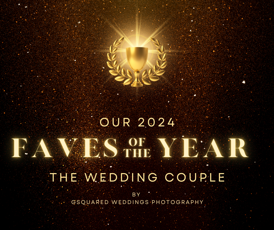 Snohomish Wedding Photographer GSquared Weddings A gold trophy with a laurel wreath on a sparkling brown background. Text reads: Our 2024 Faves of the Year: The Wedding Couple by GSquared Weddings Photography. Serving Seattle, Snohomish and Orlando