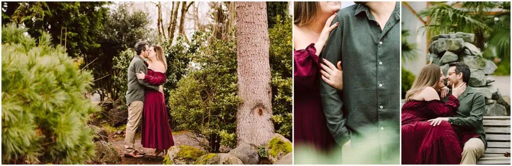 Snohomish Wedding Photographer GSquared Weddings A couple newly engaged embraces in a forest setting The woman wearing a burgundy dress and the man in a gray shirt share tender moments as they walk among trees and sit closely on a bench surrounded by lush greenery Serving Seattle Snohomish and Washington State
