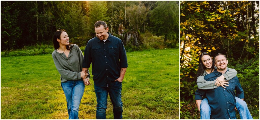 Snohomish Wedding Photographer GSquared Weddings A couple walking hand in hand on a grassy field surrounded by trees, smiling at each other. Another image shows the woman playfully on the mans back, both grinning, with sunlight filtering through the leaves in the background. Serving Seattle, Snohomish and Washington State