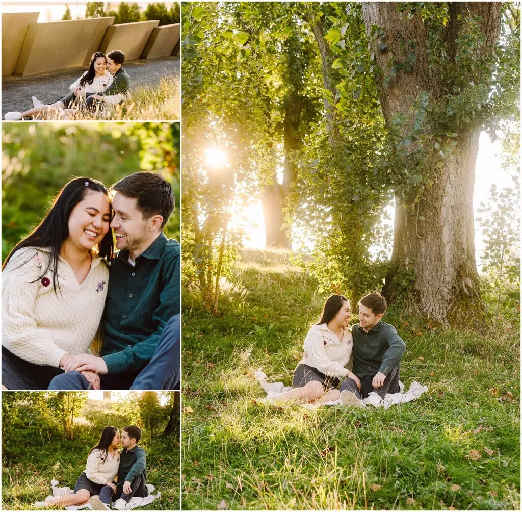 Snohomish Wedding Photographer GSquared Weddings A couple enjoys a sunny day at a park celebrating their engagement They sit together on a blanket surrounded by lush green trees The sunlight filters through the leaves creating a warm golden glow as they smile and share affectionate moments Serving Seattle Snohomish and Washington State Snohomish Wedding Photographer GSquared Weddings A couple enjoys a sunny day at a park, celebrating their engagement. They sit together on a blanket, surrounded by lush green trees. The sunlight filters through the leaves, creating a warm, golden glow as they smile and share affectionate moments. Serving Seattle, Snohomish and Washington State