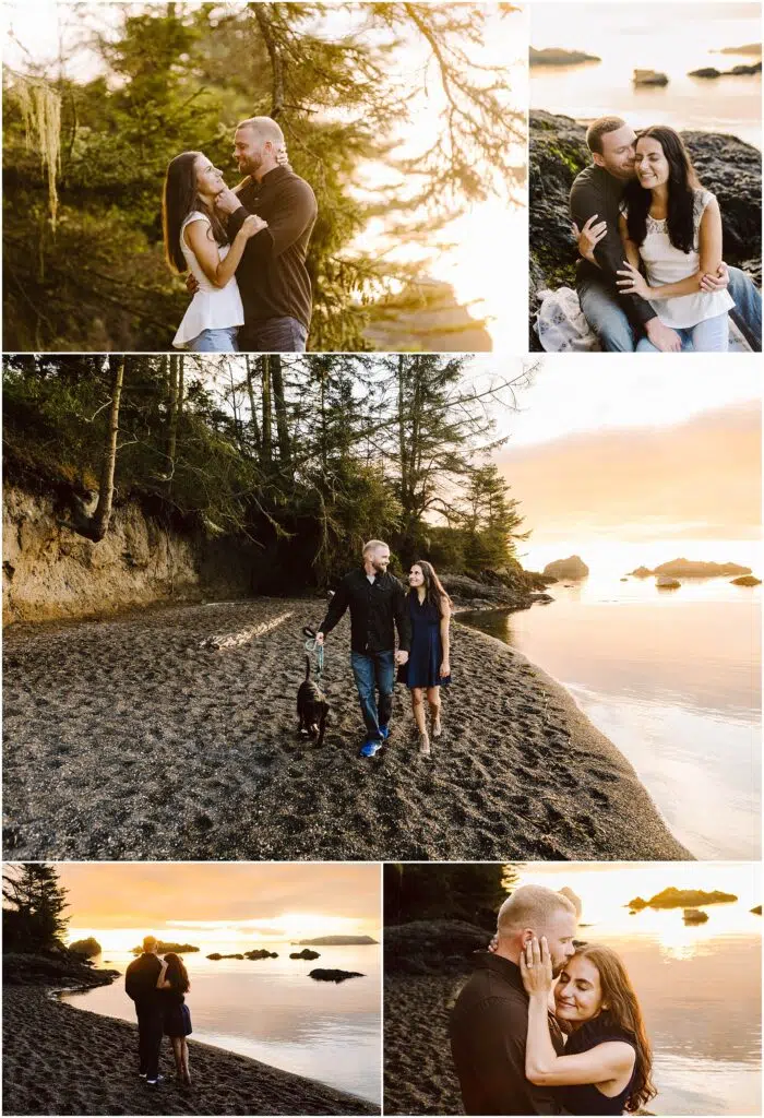 Snohomish Wedding Photographer GSquared Weddings A couple enjoys a romantic walk on a pebble beach at sunset with their dog celebrating their engagement They are smiling hugging and sitting together by the water surrounded by lush trees and a glowing sky Serving Seattle Snohomish and Washington State