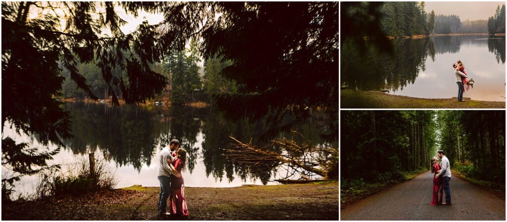 Snohomish Wedding Photographer GSquared Weddings Three images of a couple embracing in a forest. The main image shows them by a reflective lake surrounded by trees. Two smaller images on the right depict them on a forest path and by the lakeside under an overcast sky. Serving Seattle, Snohomish and Washington State