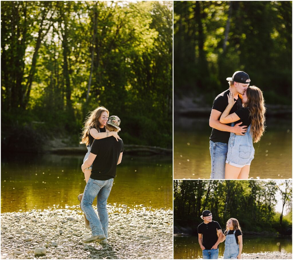 Snohomish Wedding Photographer GSquared Weddings A couple celebrates their engagement on a sunny day by a river. In one image, the man carries the woman; another shows them embracing, and a third captures them walking hand in hand. They are surrounded by green trees and smooth pebbles by the water. Serving Seattle, Snohomish and Washington State