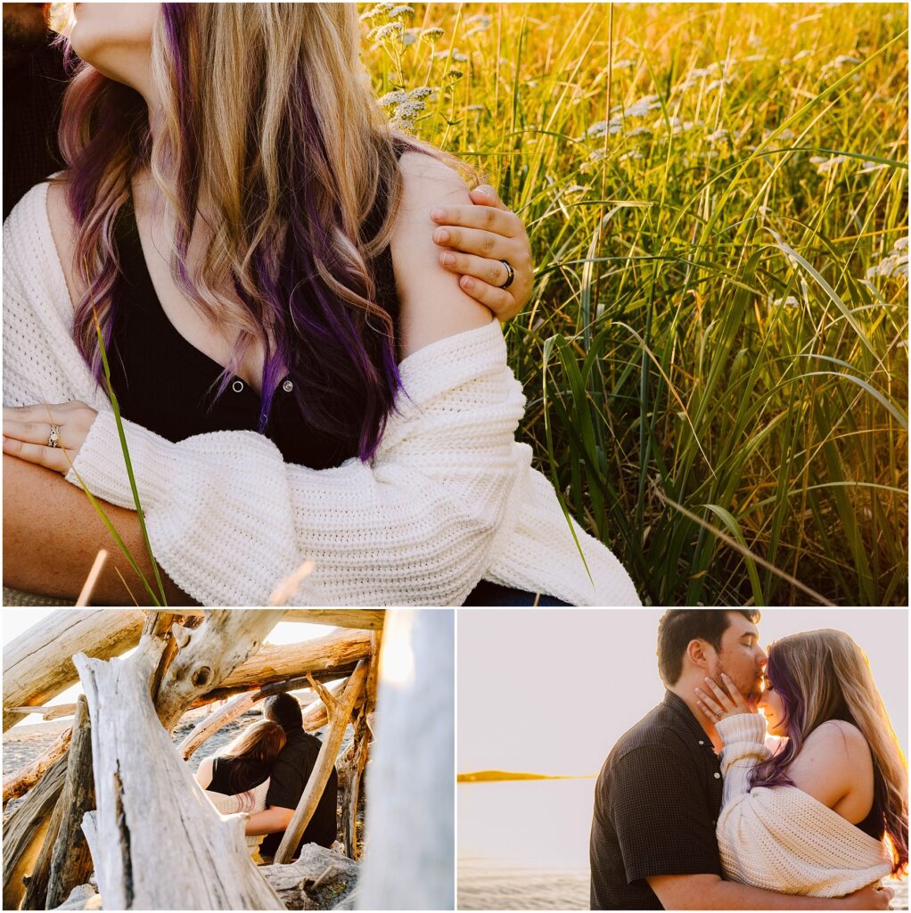 Snohomish Wedding Photographer GSquared Weddings A couple celebrating their engagement embraces in a sunny field, the woman in a white cardigan. Below, two smaller images capture them cuddling by driftwood and sharing a sunset kiss on the beach. Serving Seattle, Snohomish and Washington State