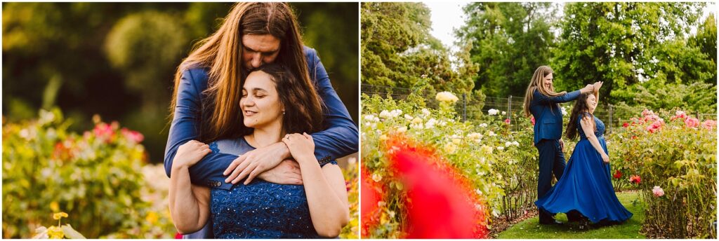 Snohomish Wedding Photographer GSquared Weddings A couple enjoys a garden scene. On the left, a man embraces a woman from behind. On the right, they dance on a path lined with vibrant roses. Both are dressed in blue, with lush greenery surrounding them. Serving Seattle, Snohomish and Washington State