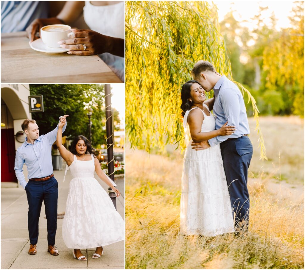 Snohomish Wedding Photographer GSquared Weddings A couple enjoying time together. Top left: Woman holding a coffee cup. Bottom left: Couple dancing outside, celebrating their engagement. Right: Couple embracing in a sunlit grassy field, dressed in light, casual attire. Serving Seattle, Snohomish and Washington State