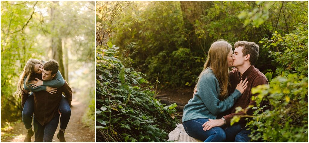 Snohomish Wedding Photographer GSquared Weddings A couple in a forest setting; on the left, the woman gives the man a piggyback ride on a sunlit path. On the right, they sit on a log surrounded by greenery, kissing as sunlight filters through the trees. Serving Seattle, Snohomish and Washington State
