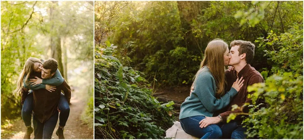 Snohomish Wedding Photographer GSquared Weddings A couple in a forest setting on the left the woman gives the man a piggyback ride on a sunlit path On the right they sit on a log surrounded by greenery kissing as sunlight filters through the trees Serving Seattle Snohomish and Washington State Snohomish Wedding Photographer GSquared Weddings A couple in a forest setting; on the left, the woman gives the man a piggyback ride on a sunlit path. On the right, they sit on a log surrounded by greenery, kissing as sunlight filters through the trees. Serving Seattle, Snohomish and Washington State
