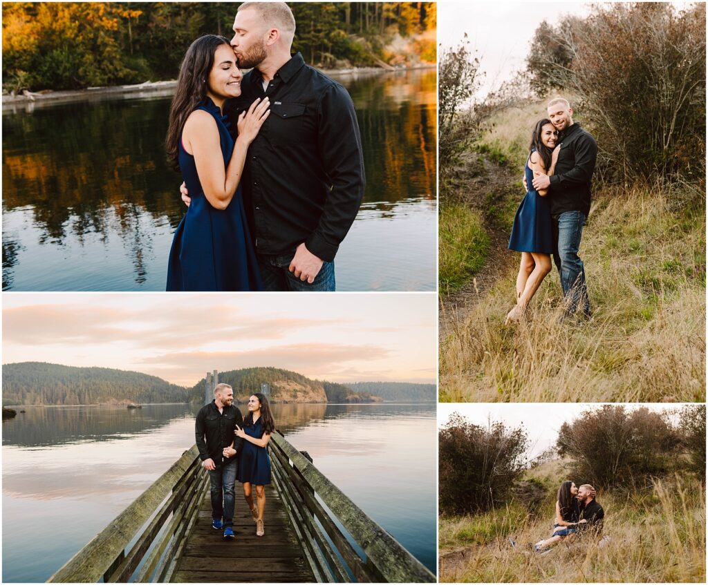 Snohomish Wedding Photographer GSquared Weddings A couple celebrates their engagement as they embrace by a serene lake and wooded area. They stand on a bridge over grassy fields, displaying affection against calm waters, autumn trees, and a cloudy sky. The woman in a blue dress, the man in a black shirt and jeans share this cherished moment. Serving Seattle, Snohomish and Washington State