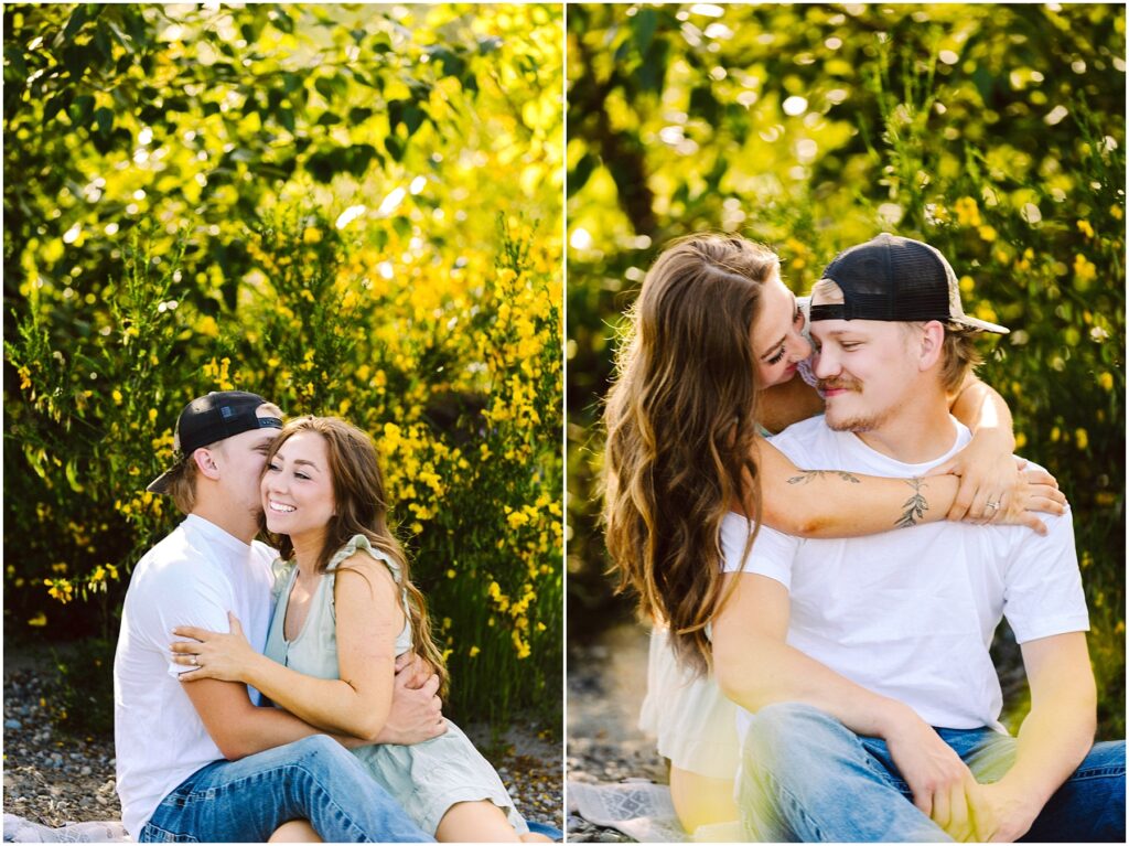 Snohomish Wedding Photographer GSquared Weddings Two images of a couple outdoors capture them seated and embracing, embodying the spirit of 2024 favorites. The woman, with long brown hair in a light dress, and the man in a white shirt and cap, radiate happiness amidst lush greenery and sunlight. Serving Seattle, Snohomish and Washington State
