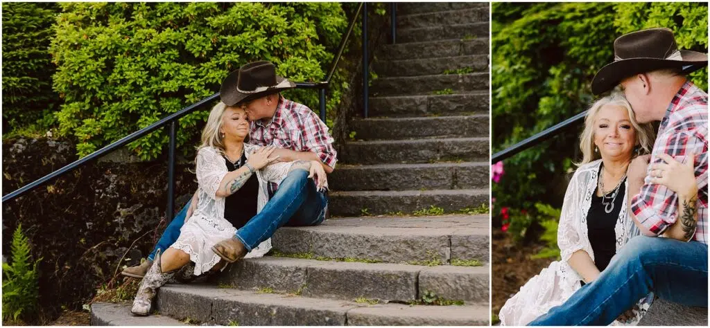 Snohomish Wedding Photographer GSquared Weddings A couple in Western attire sits on stone steps outdoors The woman wearing a white lace cardigan and cowboy boots leans against the man who is in a plaid shirt and cowboy hat Green foliage surrounds them on a sunny day Serving Seattle Snohomish and Washington State Snohomish Wedding Photographer GSquared Weddings A couple in Western attire sits on stone steps outdoors. The woman, wearing a white lace cardigan and cowboy boots, leans against the man, who is in a plaid shirt and cowboy hat. Green foliage surrounds them on a sunny day. Serving Seattle, Snohomish and Washington State