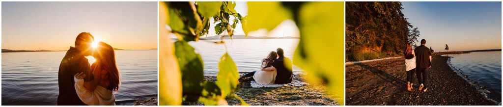 Snohomish Wedding Photographer GSquared Weddings Three images of a couple by the ocean at sunset. Left: Silhouette of the couple embracing with the sun setting in the background. Center: Couple sitting on a blanket, surrounded by leaves. Right: Couple walking along the beach, holding hands. Serving Seattle, Snohomish and Washington State