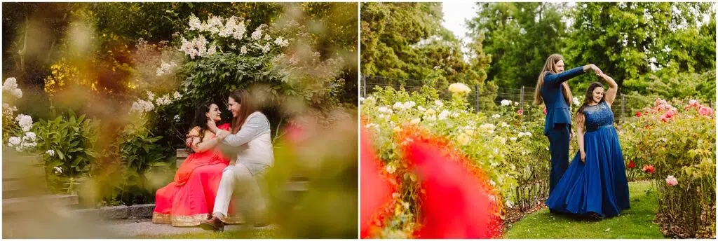 Snohomish Wedding Photographer GSquared Weddings A couple celebrates their engagement in a garden setting On the left they sit together on stone steps surrounded by flowers On the right they dance among vibrant roses with the woman in a flowing blue dress The scene is serene and romantic Serving Seattle Snohomish and Washington State