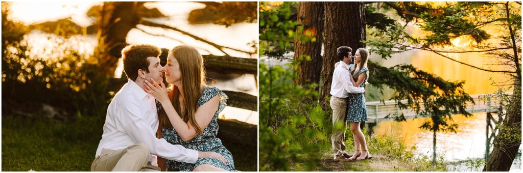 Snohomish Wedding Photographer GSquared Weddings A couple enjoys a romantic moment by a lake at sunset. On the left, they sit and smile at each other, and on the right, they stand and embrace by the water, surrounded by trees and a golden glow. Serving Seattle, Snohomish and Washington State