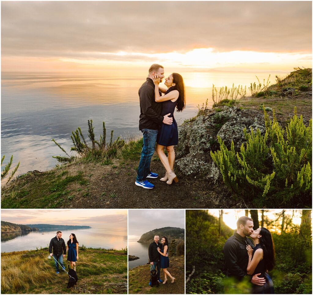 Snohomish Wedding Photographer GSquared Weddings A couple embraces near a cliff overlooking the ocean at sunset, celebrating their engagement. In smaller images below, they walk with a dog along the coast and share a moment in a forested area, surrounded by greenery and warm, golden light. Serving Seattle, Snohomish and Washington State