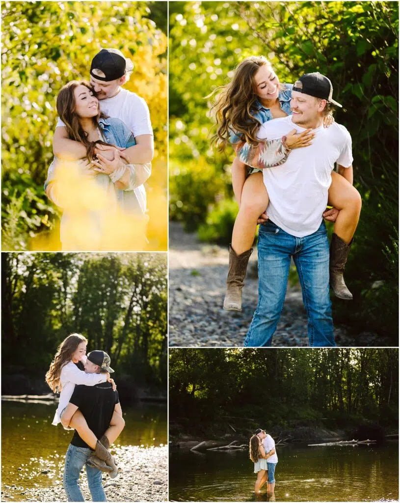 Snohomish Wedding Photographer GSquared Weddings A couple playfully embraces by a river surrounded by lush greenery celebrating their engagement They enjoy a piggyback ride playful hugs and a kiss in the water dressed casually in jeans and boots The sun casts a warm glow on the joyful scene Serving Seattle Snohomish and Washington State