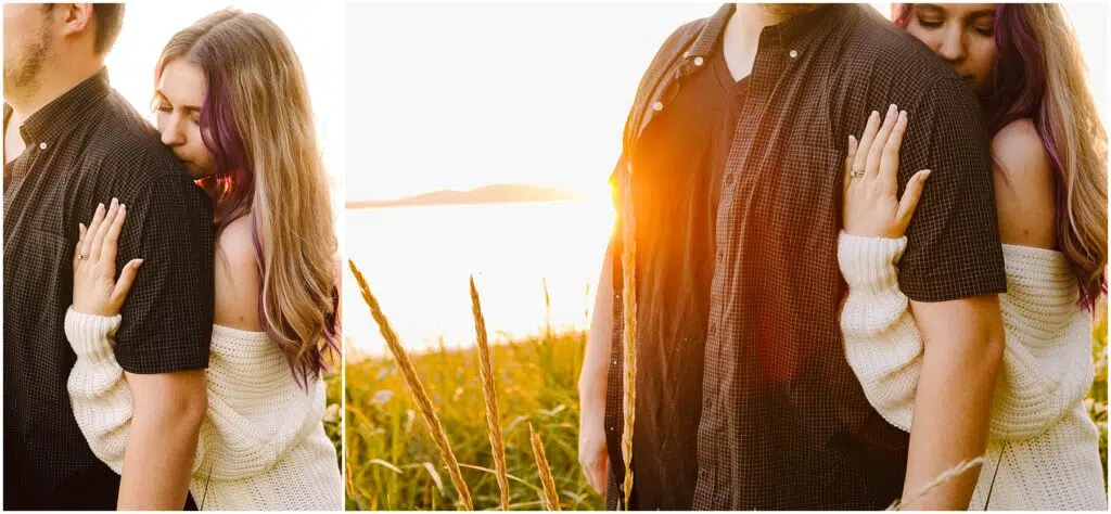 Snohomish Wedding Photographer GSquared Weddings A couple stands in a sunlit field by a lake during sunset The woman wearing a white sweater embraces the man from behind resting her head on his shoulder Tall grass sways around them and the sun casts a warm glow over the scene Serving Seattle Snohomish and Washington State Snohomish Wedding Photographer GSquared Weddings A couple stands in a sunlit field by a lake during sunset. The woman, wearing a white sweater, embraces the man from behind, resting her head on his shoulder. Tall grass sways around them, and the sun casts a warm glow over the scene. Serving Seattle, Snohomish and Washington State