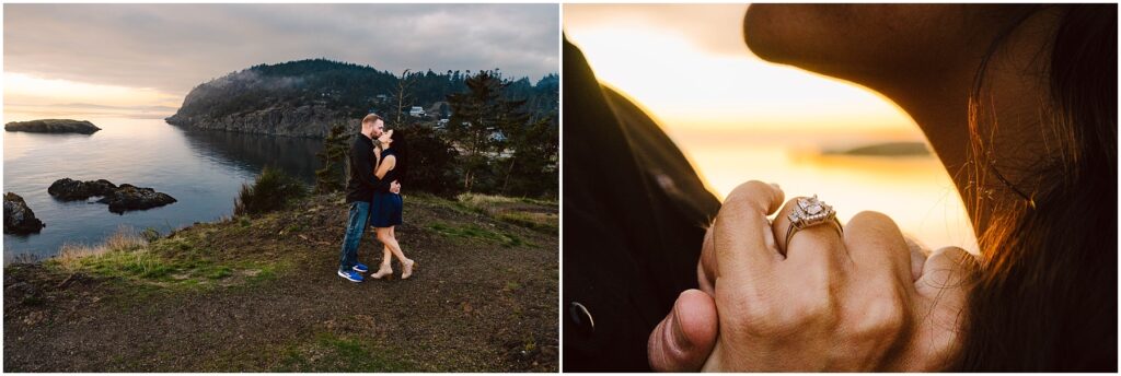 Snohomish Wedding Photographer GSquared Weddings A couple embraces on a cliffside overlooking the ocean at sunset. In a close-up, a woman displays a ring with a scenic background. Serving Seattle, Snohomish and Washington State