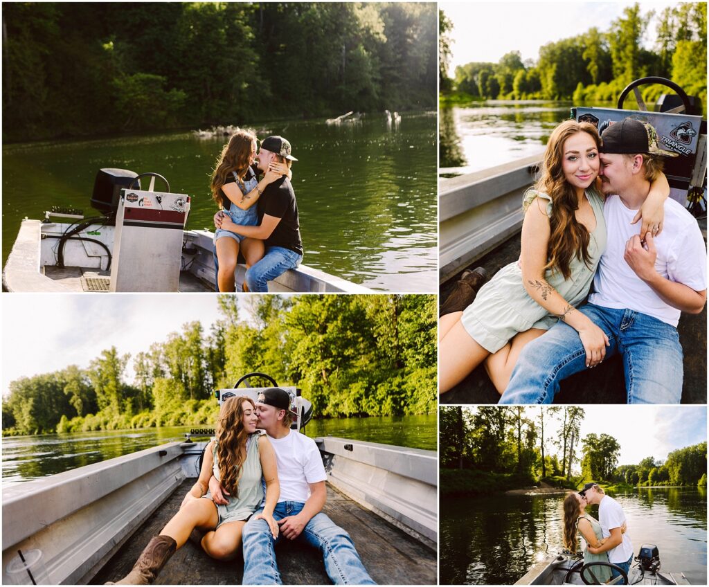 Snohomish Wedding Photographer GSquared Weddings A couple celebrates their engagement on a boat, enjoying a sunny day. They sit closely, embracing and smiling amidst a scenic backdrop of lush green trees and calm river waters. The mood is romantic and serene. Serving Seattle, Snohomish and Washington State