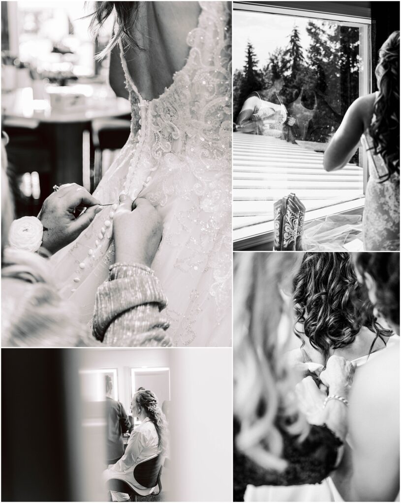 Snohomish wedding photographer gsquared weddings a black-and-white collage of a bride getting ready Includes a dress being buttoned the brides reflection in a window and a woman sitting in a robe Images capture intimate and candid pre-wedding moments Serving seattle snohomish and washington state Snohomish wedding photographer gsquared weddings a black and white collage of a bride getting ready Includes a dress being buttoned the brides reflection in a window and a woman sitting in a robe Images capture intimate and candid pre wedding moments Serving seattle snohomish and washington state