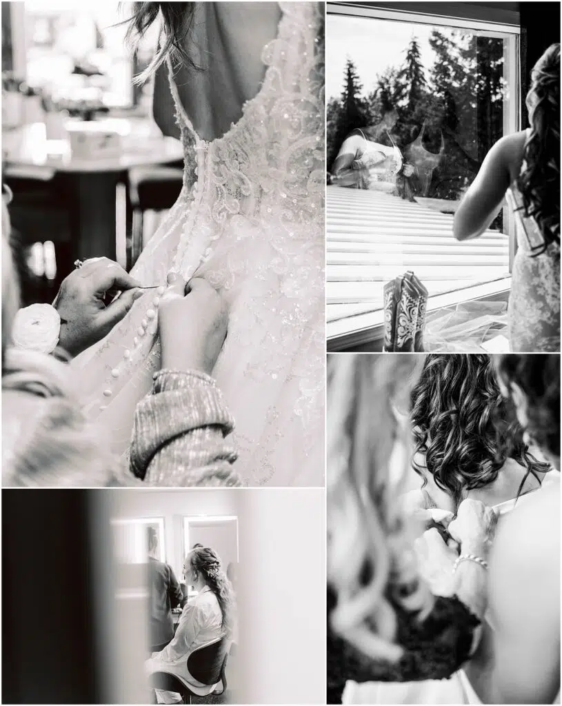 Snohomish Wedding Photographer GSquared Weddings A blackandwhite collage of a bride getting ready Includes a dress being buttoned the brides reflection in a window and a woman sitting in a robe Images capture intimate and candid prewedding moments Serving Seattle Snohomish and Washington State Snohomish Wedding Photographer GSquared Weddings A black-and-white collage of a bride getting ready. Includes a dress being buttoned, the brides reflection in a window, and a woman sitting in a robe. Images capture intimate and candid pre-wedding moments. Serving Seattle, Snohomish and Washington State