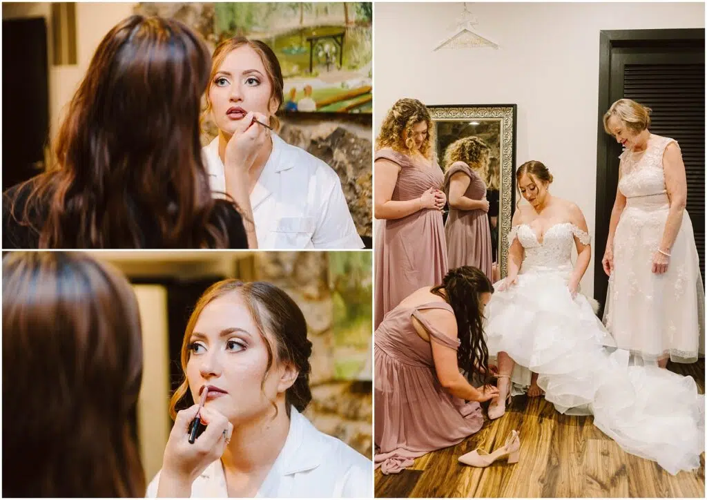 Snohomish Wedding Photographer GSquared Weddings A bride prepares for her wedding Two images show her getting lipstick applied In a third she is assisted by bridesmaids in mauve dresses and a woman in a pink gown possibly the mother as she puts on her wedding shoes Serving Seattle Snohomish and Washington State Snohomish Wedding Photographer GSquared Weddings A bride prepares for her wedding. Two images show her getting lipstick applied. In a third, she is assisted by bridesmaids in mauve dresses and a woman in a pink gown, possibly the mother, as she puts on her wedding shoes. Serving Seattle, Snohomish and Washington State