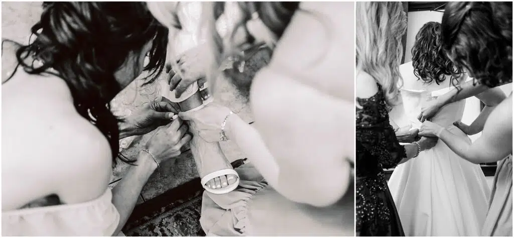 Snohomish Wedding Photographer GSquared Weddings A black and white collage shows two women helping a bride In the first image theyre securing her shoe strap In the second theyre adjusting the back of her dress Both images capture intimate candid wedding preparation moments Serving Seattle Snohomish and Washington State Snohomish Wedding Photographer GSquared Weddings A black and white collage shows two women helping a bride. In the first image, theyre securing her shoe strap. In the second, theyre adjusting the back of her dress. Both images capture intimate, candid wedding preparation moments. Serving Seattle, Snohomish and Washington State