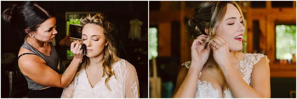 Snohomish Wedding Photographer GSquared Weddings Two images On the left a woman applies makeup to another woman with closed eyes On the right the same woman in a lace dress adjusts her earrings smiling slightly and looking away Serving Seattle Snohomish and Washington State Snohomish Wedding Photographer GSquared Weddings Two images: On the left, a woman applies makeup to another woman with closed eyes. On the right, the same woman in a lace dress adjusts her earrings, smiling slightly and looking away. Serving Seattle, Snohomish and Washington State