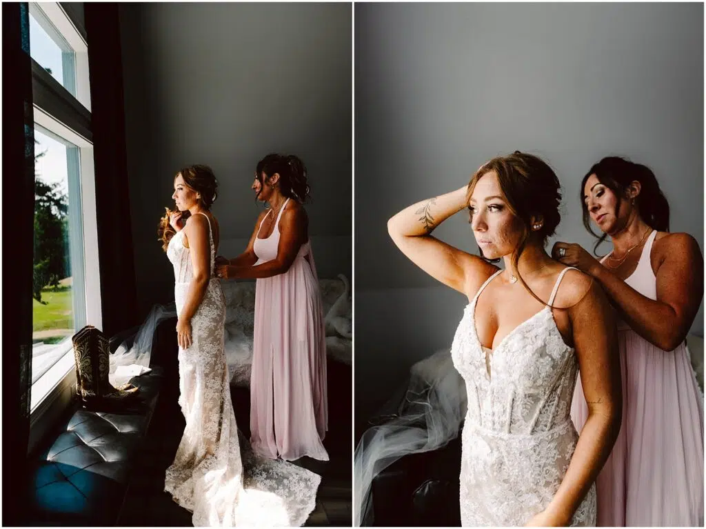 Snohomish Wedding Photographer GSquared Weddings Two women in a softly lit room prepare for a wedding The bride in a detailed lace gown stands by a window as the other woman adjusts her dress The setting is intimate and serene with natural light highlighting the moment Serving Seattle Snohomish and Washington State Snohomish Wedding Photographer GSquared Weddings Two women in a softly lit room prepare for a wedding. The bride, in a detailed lace gown, stands by a window as the other woman adjusts her dress. The setting is intimate and serene, with natural light highlighting the moment. Serving Seattle, Snohomish and Washington State