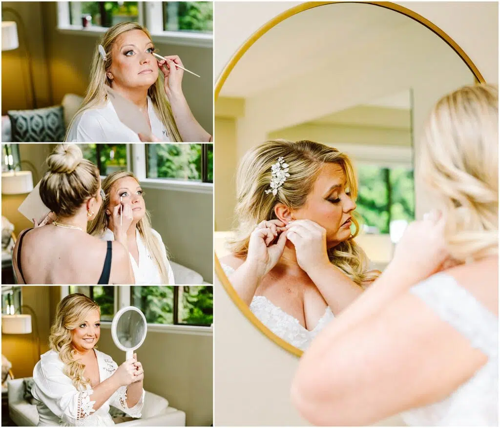 Snohomish Wedding Photographer GSquared Weddings Collage of a woman getting ready featuring her applying makeup having her makeup done by another person checking her reflection in a hand mirror and adjusting her earrings in front of a round wall mirror Serving Seattle Snohomish and Washington State Snohomish Wedding Photographer GSquared Weddings Collage of a woman getting ready, featuring her applying makeup, having her makeup done by another person, checking her reflection in a hand mirror, and adjusting her earrings in front of a round wall mirror. Serving Seattle, Snohomish and Washington State