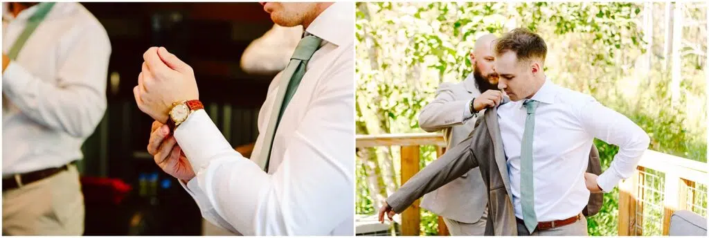 Snohomish Wedding Photographer GSquared Weddings Two sidebyside images on the left a person adjusts a wristwatch on their left wrist on the right another person helps the first individual put on a gray suit jacket outdoors with greenery in the background Both wear white shirts and green ties Serving Seattle Snohomish and Washington State Snohomish Wedding Photographer GSquared Weddings Two side-by-side images: on the left, a person adjusts a wristwatch on their left wrist; on the right, another person helps the first individual put on a gray suit jacket outdoors with greenery in the background. Both wear white shirts and green ties. Serving Seattle, Snohomish and Washington State