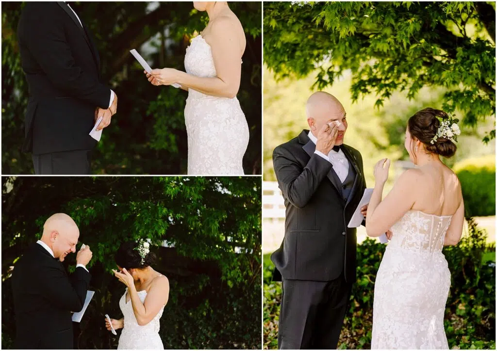 Snohomish Wedding Photographer GSquared Weddings A bride and groom stand outdoors exchanging vows The groom wipes tears from his eyes while holding a piece of paper The bride in a white dress is also emotional They are surrounded by greenery creating an intimate and touching moment Serving Seattle Snohomish and Washington State Snohomish Wedding Photographer GSquared Weddings A bride and groom stand outdoors, exchanging vows. The groom wipes tears from his eyes while holding a piece of paper. The bride, in a white dress, is also emotional. They are surrounded by greenery, creating an intimate and touching moment. Serving Seattle, Snohomish and Washington State