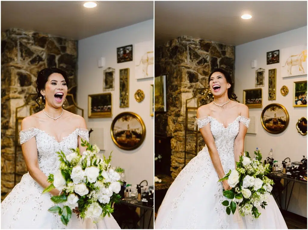 Snohomish Wedding Photographer GSquared Weddings A joyful bride in a white offtheshoulder wedding dress holds a bouquet of white flowers She is laughing and standing in front of a stone wall adorned with various framed pictures The setting appears to be indoors Serving Seattle Snohomish and Washington State Snohomish Wedding Photographer GSquared Weddings A joyful bride in a white, off-the-shoulder wedding dress holds a bouquet of white flowers. She is laughing and standing in front of a stone wall adorned with various framed pictures. The setting appears to be indoors. Serving Seattle, Snohomish and Washington State