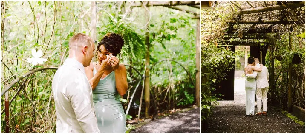 Snohomish Wedding Photographer GSquared Weddings A couple embraces and smiles in a lush garden setting surrounded by greenery and wooden arches The woman wipes her eye appearing emotional Both are dressed in white and light gray attire creating an intimate serene atmosphere Serving Seattle Snohomish and Washington State Snohomish Wedding Photographer GSquared Weddings A couple embraces and smiles in a lush garden setting, surrounded by greenery and wooden arches. The woman wipes her eye, appearing emotional. Both are dressed in white and light gray attire, creating an intimate, serene atmosphere. Serving Seattle, Snohomish and Washington State
