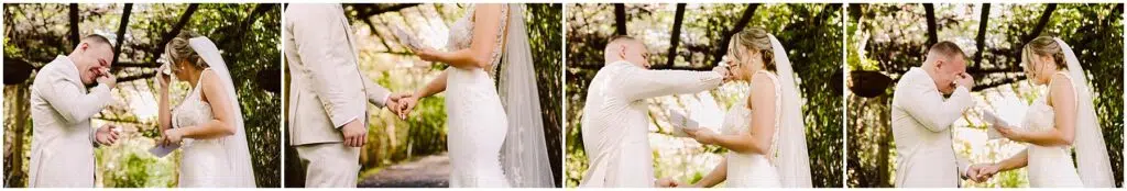 Snohomish Wedding Photographer GSquared Weddings A bride and groom in a series of four photos share an emotional moment outdoors under a canopy of trees The groom wipes his eyes as the bride reads vows Both wear elegant wedding attire holding hands tenderly Serving Seattle Snohomish and Washington State Snohomish Wedding Photographer GSquared Weddings A bride and groom, in a series of four photos, share an emotional moment outdoors under a canopy of trees. The groom wipes his eyes as the bride reads vows. Both wear elegant wedding attire, holding hands tenderly. Serving Seattle, Snohomish and Washington State
