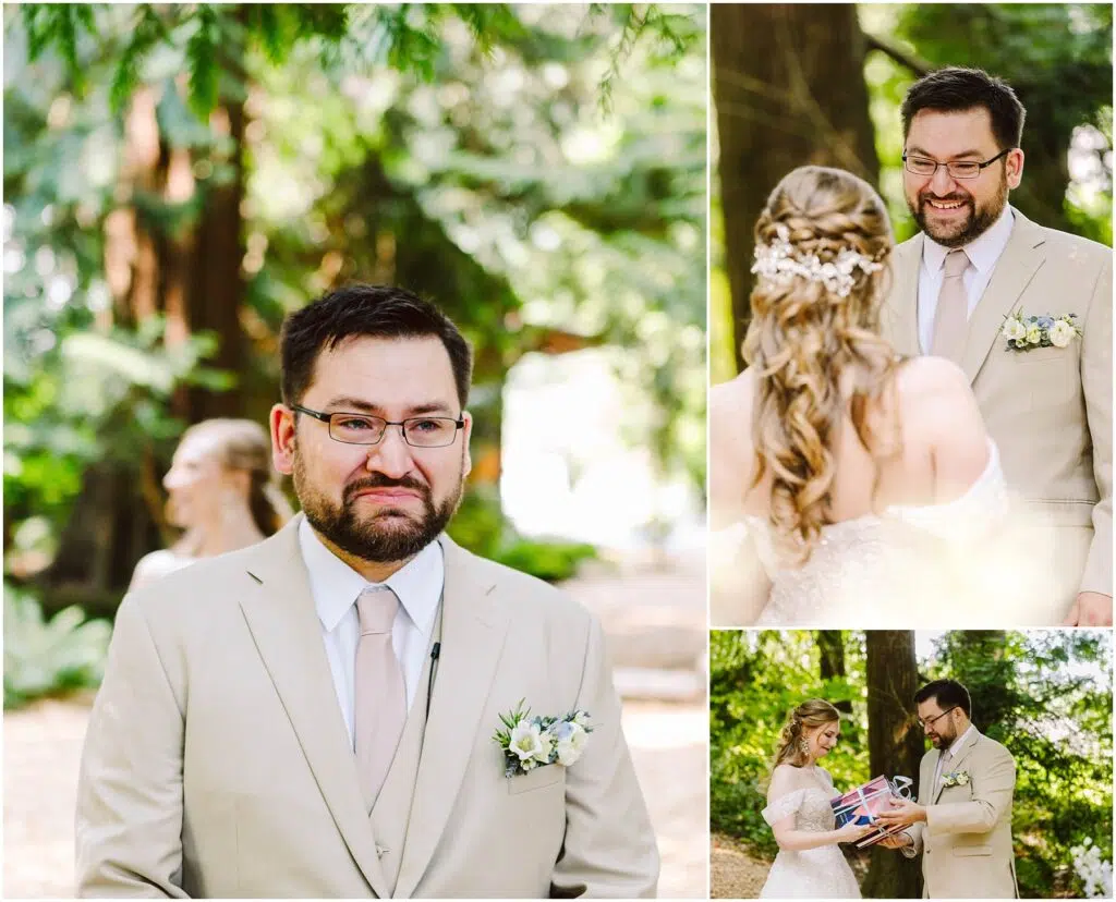 Snohomish Wedding Photographer GSquared Weddings A groom in a beige suit looks emotional during an outdoor wedding A bride with curled hair and a floral hairpiece stands in front of him Another image shows them smiling and holding a small British flag Trees create a lush green background Serving Seattle Snohomish and Washington State Snohomish Wedding Photographer GSquared Weddings A groom in a beige suit looks emotional during an outdoor wedding. A bride, with curled hair and a floral hairpiece, stands in front of him. Another image shows them smiling and holding a small British flag. Trees create a lush, green background. Serving Seattle, Snohomish and Washington State