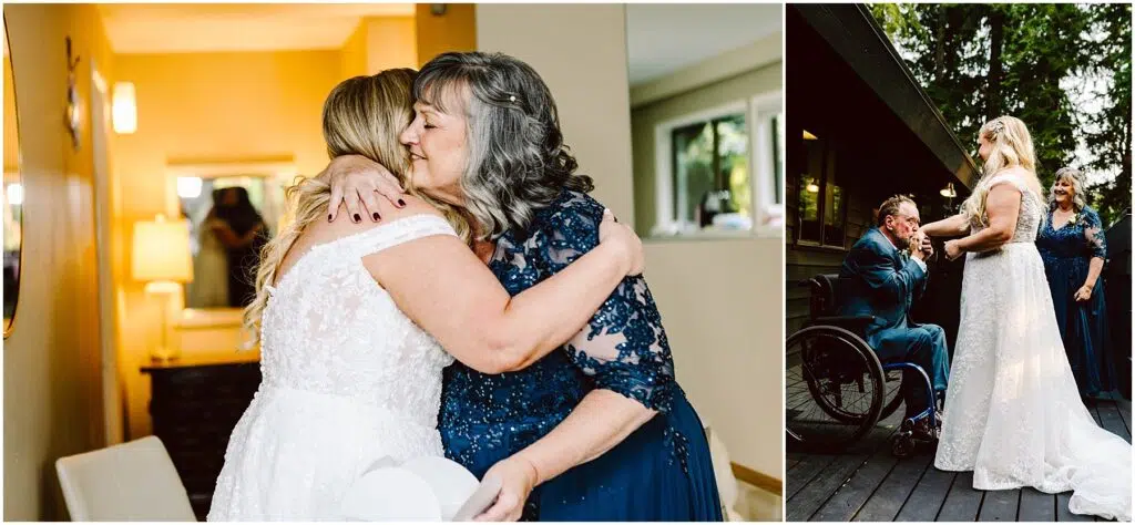 Snohomish Wedding Photographer GSquared Weddings On the left a bride in a white dress hugs an older woman in a navy gown indoors On the right the same bride shares a joyful moment with a man in a wheelchair outside as he clasps her hands Serving Seattle Snohomish and Washington State Snohomish Wedding Photographer GSquared Weddings On the left, a bride in a white dress hugs an older woman in a navy gown indoors. On the right, the same bride shares a joyful moment with a man in a wheelchair outside, as he clasps her hands. Serving Seattle, Snohomish and Washington State