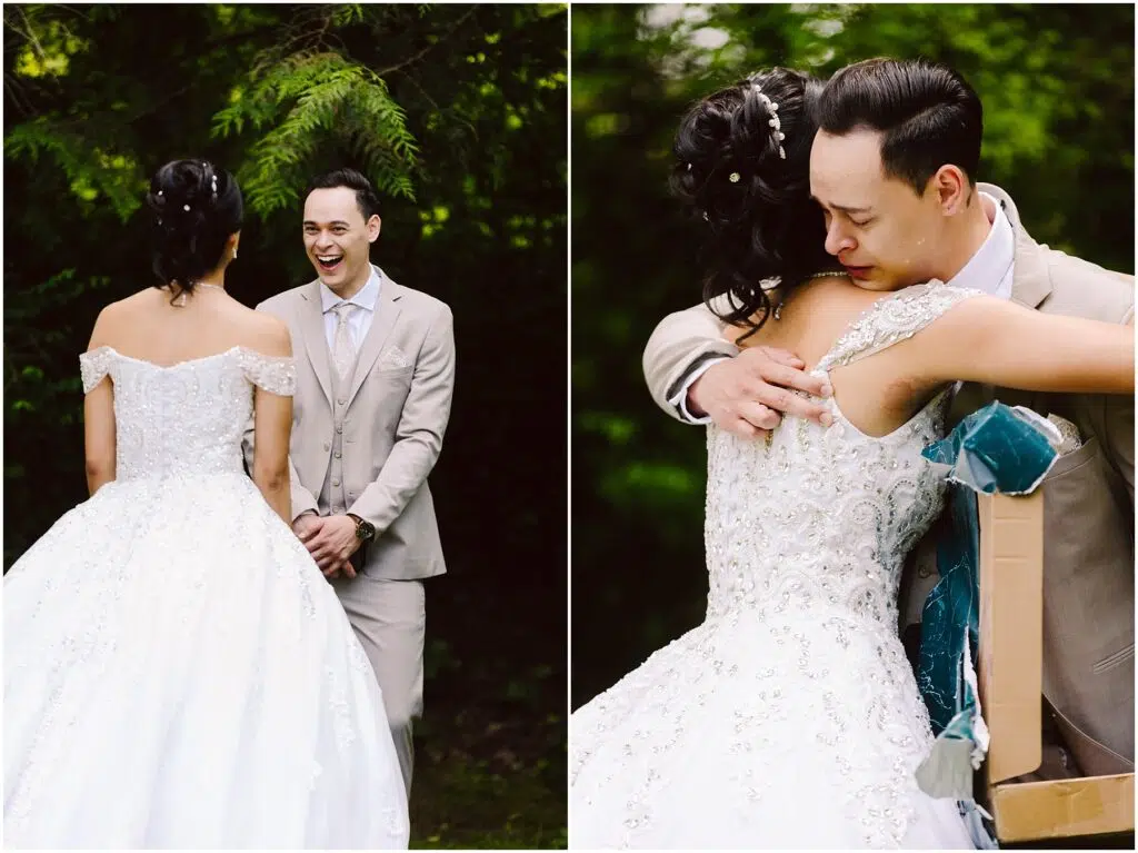 Snohomish Wedding Photographer GSquared Weddings A bride and groom share an emotional moment outdoors In the first image the groom smiles as the bride stands facing him in a white gown In the second image they embrace with visible emotion The setting is lush and green Serving Seattle Snohomish and Washington State Snohomish Wedding Photographer GSquared Weddings A bride and groom share an emotional moment outdoors. In the first image, the groom smiles as the bride stands facing him in a white gown. In the second image, they embrace with visible emotion. The setting is lush and green. Serving Seattle, Snohomish and Washington State