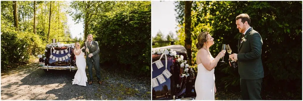 Snohomish Wedding Photographer GSquared Weddings A bride and groom stand near a vintage car adorned with white flowers and a bunting that spells Just Married They are in a sunny outdoor setting surrounded by tall green trees laughing and holding champagne glasses Serving Seattle Snohomish and Washington State Snohomish Wedding Photographer GSquared Weddings A bride and groom stand near a vintage car adorned with white flowers and a bunting that spells Just Married. They are in a sunny outdoor setting surrounded by tall green trees, laughing and holding champagne glasses. Serving Seattle, Snohomish and Washington State