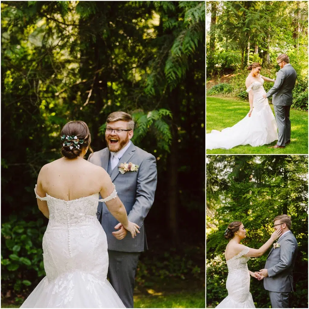 Snohomish Wedding Photographer GSquared Weddings A bride and groom in formal attire share an emotional first look in a lush wooded garden The groom has a joyful surprised expression The bride is wearing a white lace gown and the groom is in a gray suit with a boutonniere Serving Seattle Snohomish and Washington State Snohomish Wedding Photographer GSquared Weddings A bride and groom in formal attire share an emotional first look in a lush, wooded garden. The groom has a joyful, surprised expression. The bride is wearing a white lace gown and the groom is in a gray suit with a boutonniere. Serving Seattle, Snohomish and Washington State