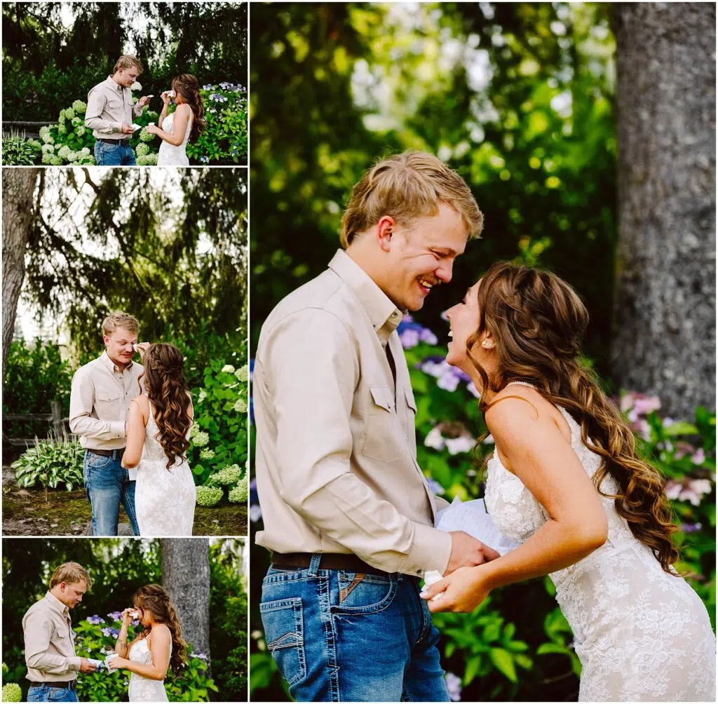 Snohomish Wedding Photographer GSquared Weddings A couple in casual attire shares a joyful wedding ceremony amidst lush greenery and blooming flowers They exchange vows smile and hold hands with trees and hydrangeas in the background Serving Seattle Snohomish and Washington State Snohomish Wedding Photographer GSquared Weddings A couple in casual attire shares a joyful wedding ceremony amidst lush greenery and blooming flowers. They exchange vows, smile, and hold hands, with trees and hydrangeas in the background. Serving Seattle, Snohomish and Washington State