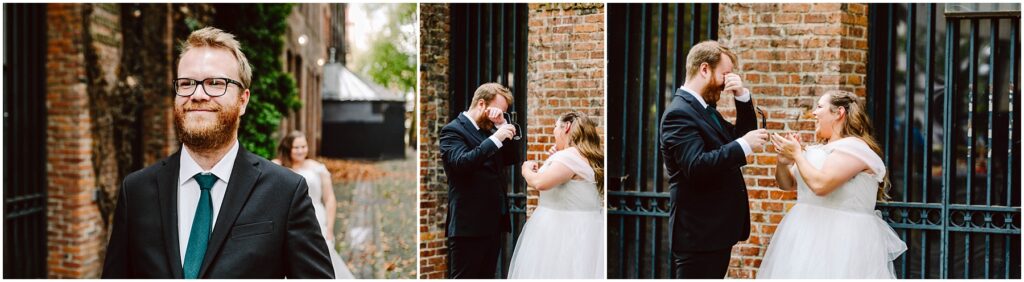 Snohomish wedding photographer gsquared weddings a groom in a suit and tie awaits his bride during a first-look moment The bride approaches and they share a joyful reaction outside next to a brick wall and metal fence The groom looks surprised and emotional as they both smile Serving seattle snohomish and washington state Snohomish wedding photographer gsquared weddings a groom in a suit and tie awaits his bride during a first look moment The bride approaches and they share a joyful reaction outside next to a brick wall and metal fence The groom looks surprised and emotional as they both smile Serving seattle snohomish and washington state